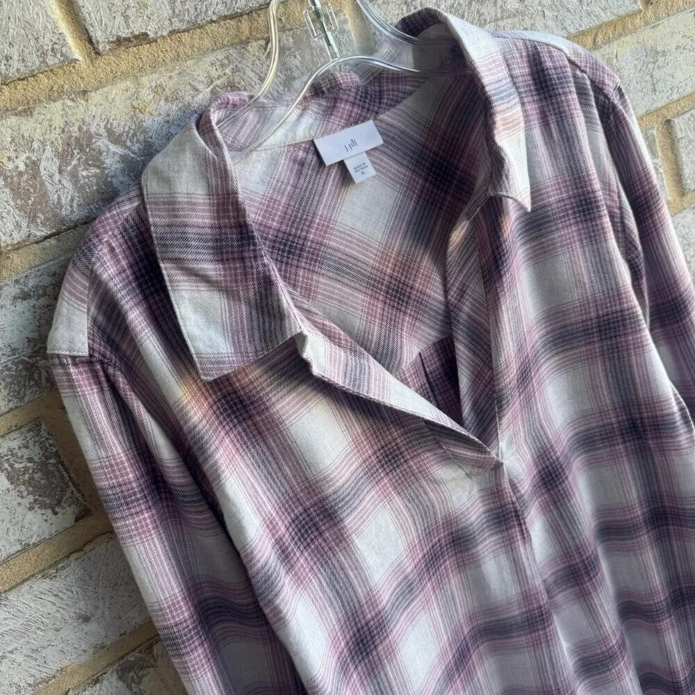 J. Jill Long Sleeve Split V-Neck Collared Plaid Shirt Women's Size XL
